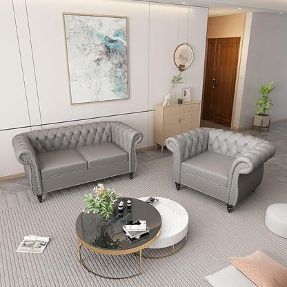 Living Room Chair, Modern Leather Chesterfield Sofa Chair, Mid Century Single Sofa Couch Chair with Tufted Back and Rolled Arms, Accent Sofa Chair for Living Room Apartment, Grey