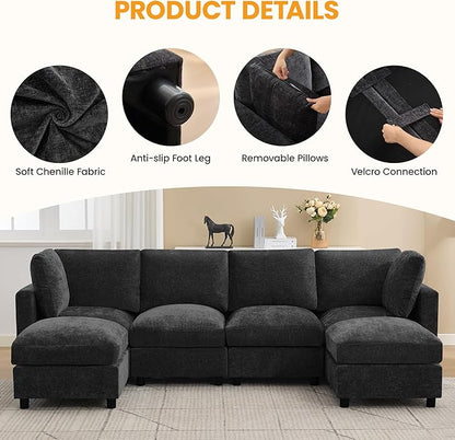 4-Seater Modular Sectional Cloud Sofa with 2 Ottomans, U-Shaped Couch for Living Room, Modern Deep Seat Sofa with Soft Back Cushions, Chenille Dark Grey