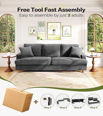 Kidirect 87in Corduroy Couch, Sofa No Tool Assembly, Comfy Couches for Living Room 21in Deeper Seats, Corduroy Sofas for Living Room with 2 Pillows, Oversized Loveseat Sofa, Boho Love Seat Grey Couch