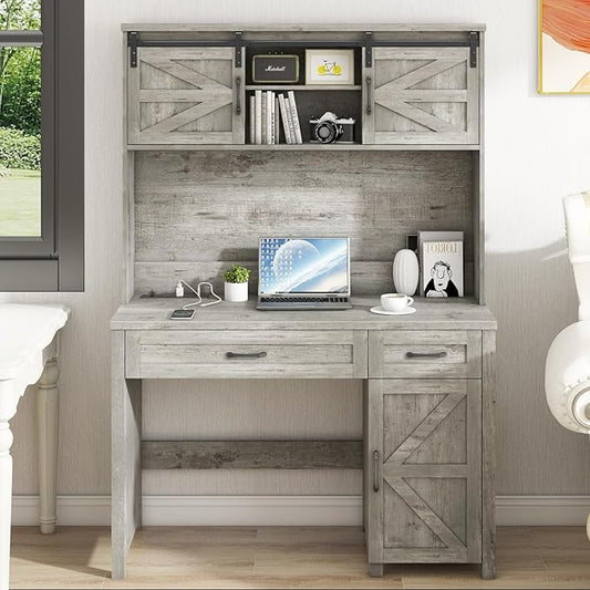 Vabches Farmhouse 47" Executive Desk, Computer Desk with Drawers and Storage Cabinet, Workstation with Hutch for Home Office