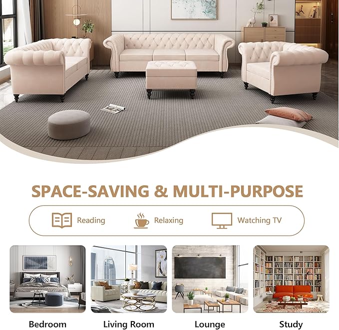 Living Room Velvet Sofa and Loveseat set, Mid Century Modern Upholstered Couch with Cushions, 2-Piece Home Sofa Furniture Sets, Comfy Tufted Chesterfield Couches for Living Room, Bedroom, Office
