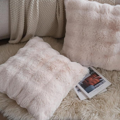 Neelvin Beige Faux Fur Cozy Soft Double-Sided Decorative Throw Pillow Covers 12x20 inch Set of 2,Velvet Pillowcase Cushion Case for Sofa Couch