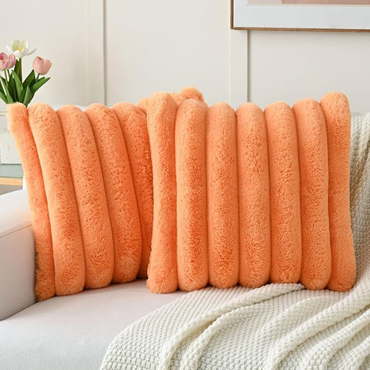 FUTEI Orange Decorative Throw Pillow Covers 24x24 Inch Set of 2, Square Soft Faux Rabbit Fur Thick Striped European Cushion Covers,Winter Home Decor for Couch Bed Living Room