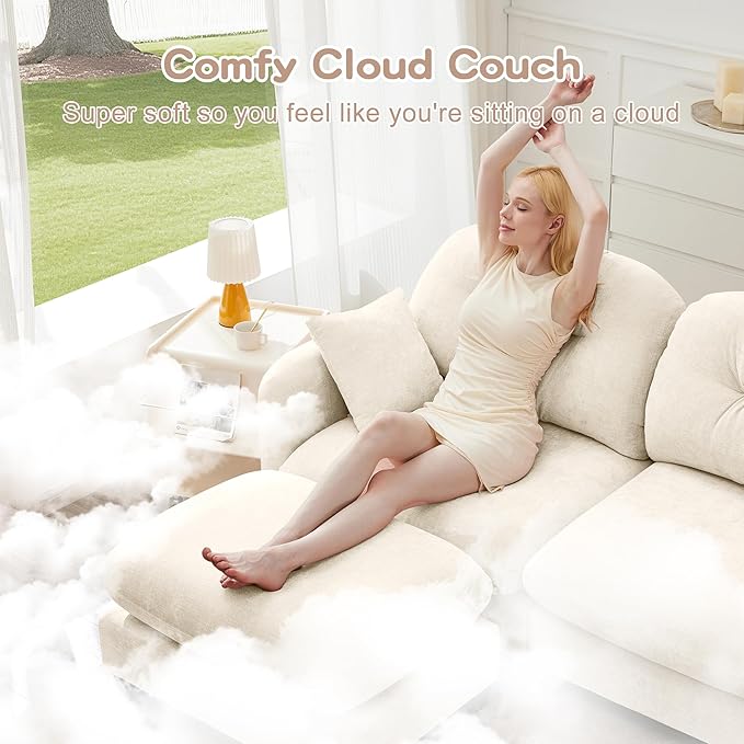 74" Loveseat U Shaped Couch with 2 Ottoman, Comfy Chenille Fabric Cloud Sectional Couch, Modern Upholstered Deep Seat Sofas with Armrest Pillow, Cloud Sofa for Small Spaces Apartment, Beige