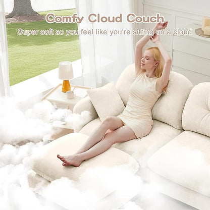 107" Sofas for Living Room, Comfy Chenille Fabric Cloud Sectional Couch, Modern Upholstered Deep Seat Sofa with Armrest Pillow, 3 Seater Couch for Small Spaces Apartment, Beige