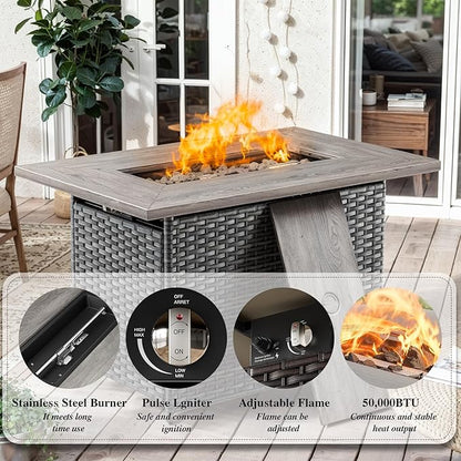 HUMMUH 8 Pieces Outdoor Patio Furniture Set with Fire Pit,L-Shaped Modular Sectional Couches with Swivel Patio Chairs,Wicker Conversation Set for Deck,Backyard,Porch,Garden