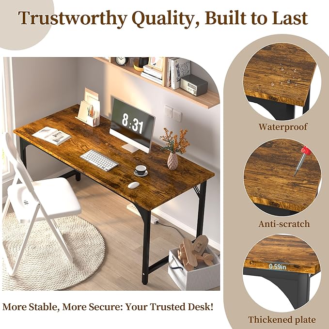AZN Computer Desk, 47in Computer Desk, Office Desk w/Metal Frame, Office Desk w/Water-Resistant, Scratchproof Surface, Home Office Desks w/Large Legroom for Work Study Writing Gaming, Rustic Brown