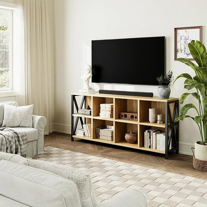 63" 8 Cube Horizontal Bookshelf Long Bookshelf Wood Cube Storage Organizer Wood Cubby Bookcase for Living Room Maple