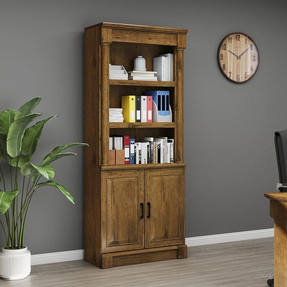 72" Roman Column Bookcase with Double Door Cabinet, 5 Tiers Tall Bookshelf Shelves Storage Anti Tip Kit, Classic American European Modern Multi Style Design for Living Room Study Office, Vintage Oak