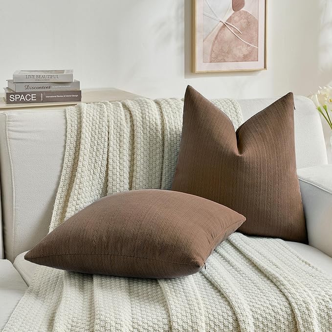 FUTEI Dark Brown Decorative Throw Pillow Covers 24x24 Inch Set of 2,Soft Cozy Wheat Ear Striped Patterns European Cushion Cases,Modern Home Decor for Couch Bed Living Room