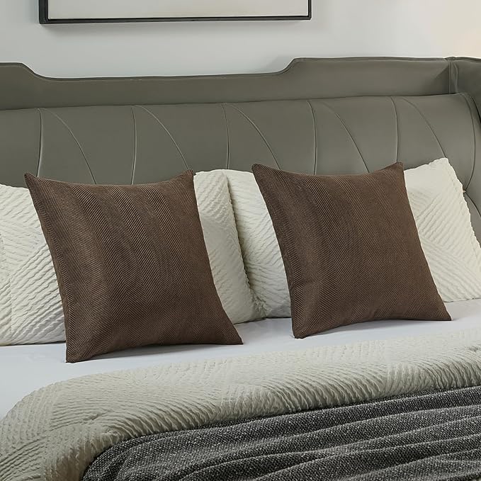 FUTEI Dark Coffee Chenille Throw Pillow Covers 16x16 Inch Set of 2,Soft Wide Chevron Textured Cushion Case,Farmhouse Home Decor for Couch Bed Living Room