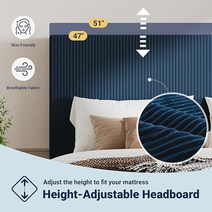 Allewie King Size Upholstered Bed Frame with Vertical Channel Tufted Headboard, Soft Corduroy Fabric Platform Bed, Strong Wooden Slats Support, Easy Assembly, No Box Spring Needed, Dark Blue