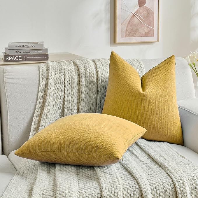 FUTEI Mustard Yellow Decorative Throw Pillow Covers 20x20 Inch Set of 2,Soft Cozy Wheat Ear Striped Patterns Cushion Cases,Modern Home Decor for Couch Bed Living Room