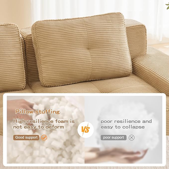 115.3” Camel Boneless Couches for Living Room, Modular Sectional Sofa with U-Shape Chaise, 3 Seater Comfy Upholstered Deep Seat Corduroy Fabric Cloud Couch No Assembly, Anti-Slip Design