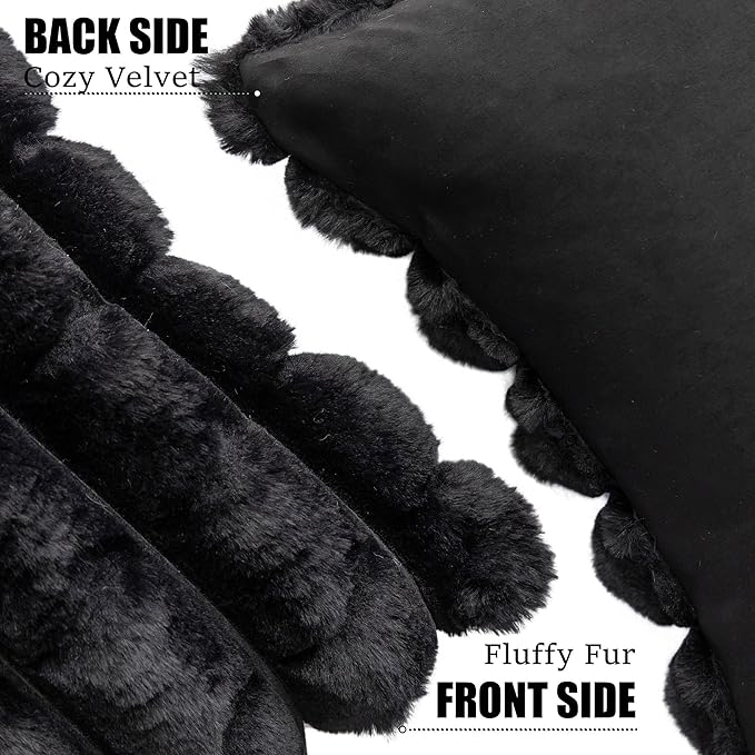 Neelvin Black Faux Fur Cozy Soft Plaid Decorative Throw Pillow Covers 20x20 inch Set of 2,Velvet Pillowcase Cushion Case for Sofa Couch