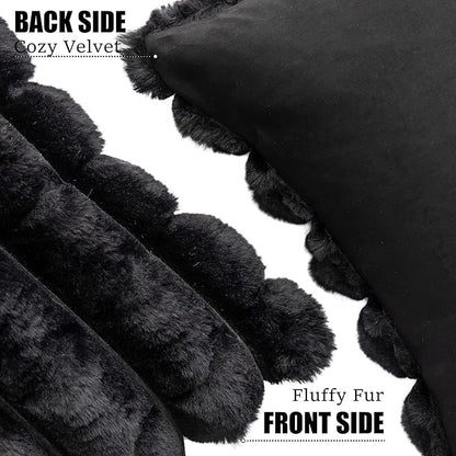 Neelvin Black Faux Fur Cozy Soft Plaid Decorative Throw Pillow Covers 24x24 inch Set of 2,Velvet Pillowcase Cushion Case for Sofa Couch
