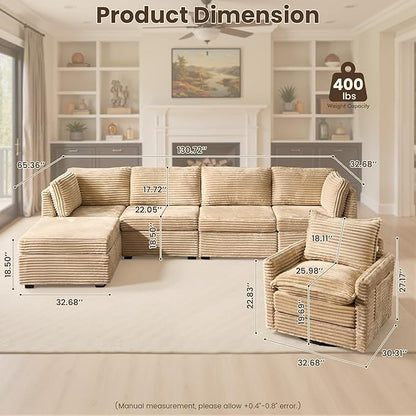130" Modular Sofa with Swivel Chair & Ottoman, Modern Cloud Sectional Couch Plush Corduroy 5 Seater Deep Seat Sofas Set & Accent Armchair for Living Room, Beige