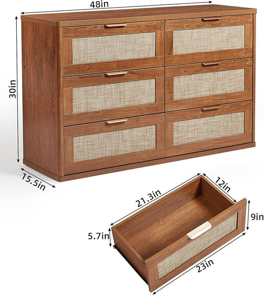 LEYAOYAO Rattan Dresser for Bedroom Set of 2, Boho 48" Wide 6 Drawer Dresser Chest of Drawers, Wood Dressers TV Stand with Metal Handle, Storage Dressers Closet Organizer for Living Room, Hallway