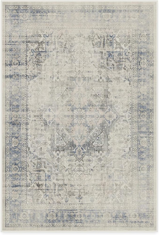 RUGGABLE Washable Vintage Area Rug – Kamran Blue Quartz 4x6, Stain-Resistant, Non-Slip – Medium Machine Washable Rugs for Living Room, Bedroom, Hallway, Entryway & Office–with Standard Pad