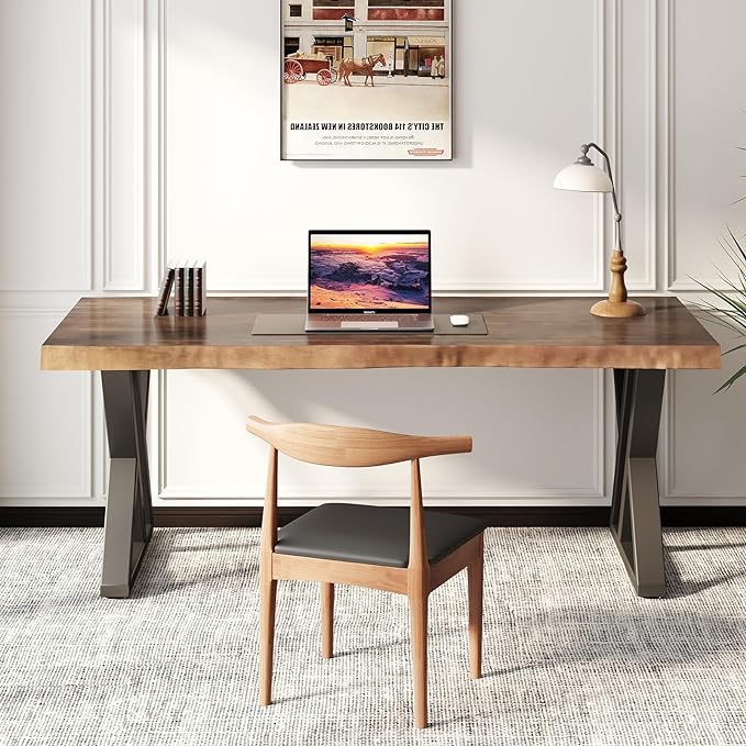 Solid Wood Desk 55 inches, Home Office Computer Desk Wooden Rustic Writing Desk Metal Modern Simple Design Executive Real Wood Desk(Rustic Brown)