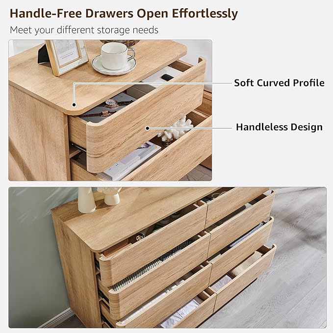 ACCOHOHO Modern Bedroom Set, 3 Pieces Bedroom Furniture Set, Wood 8 Drawer Dresser and Nightstands Set of 2, Chest of Drawers Wide Storage Organizer Cabinet for Bedroom, Natural Oak