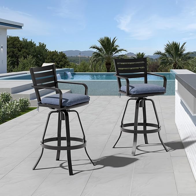 Pellebant Outdoor Bar Stools Set of 4 with Sunbrella Cushion, 29.5" Aluminum Swivel Bar Height Stool Chairs with Back & Footrest, Rust-Proof Patio Bartools for Deck Lawn Garden, Spectrum Denim