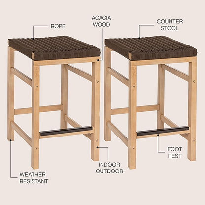 JONATHAN Y CSL1201C-SET2 Armand 25.6" Modern Coastal Backless Acacia Wood Outdoor Counter Stool with Woven Rope Seat, for Pool, Deck, Poolside, Light Teak/Brown (Set of 2)