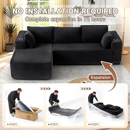 106" Cloud Couch Corduroy Modular Sectional Sofa L-Shape Boneless Couch with Wide Armrests and Cup Holders for Living Room Bedroom, No Assembly Required (Black)