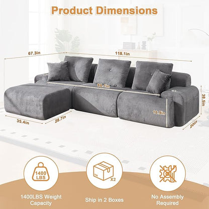 118" Modular Sectional Sofa, Cloud Sectional Couch with Deep Seat, Modern Modular Sofa with L Shaped Comfy Cloud Upholstered Boneless Couches for Living Room Bedroom, Grey