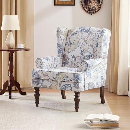 HUIMO Living Room Chair Upholstered High Back Armchair Retro Printed Wingback Chair in Linen for Bedroom & Study Comfy Accent Sofa Chair Reading Chair Holds 300lbs (Navy Blue) (1, Blue Floral)