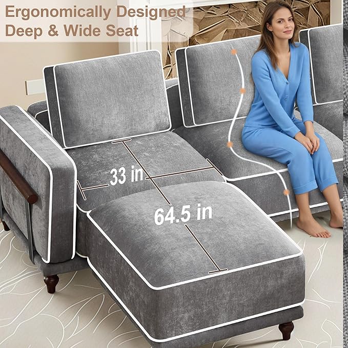 146" Cloud Modular Sectional Sofa,Oversized Deep 4 Seater Couch with Armrests Wooden Legs,Comfy Thicked Cushion Upholstered Sofa for Living Room Bedroom,Light Grey