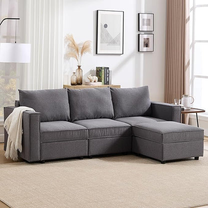 90 Inches Cloud Modular Sectional Sofa, L Shaped Linen Couch with Reversible Chaise, 3 Seater Convertible Comfortable Sofa Couch for Living Room/Apartment, Grey