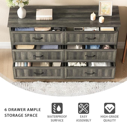 Farmhouse 6 Drawer Dresser for Bedroom, 55 Inch Wide Modern Grey Dresser TV Stand with Large Drawers & Bar Handles, Rustic Wood Chest of Drawers for Bedroom, Living Room