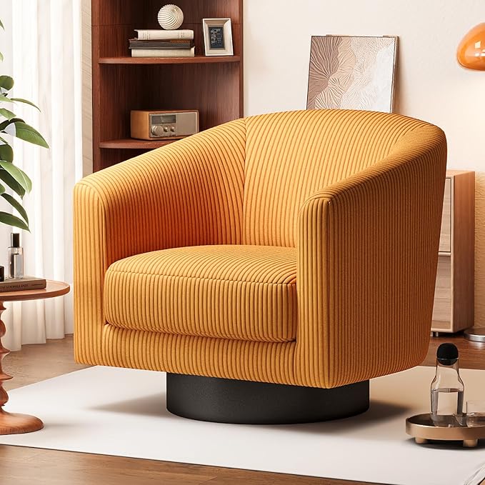 360° Swivel Accent Chairs Set of 2, Modern Bucket Chair, Corduroy Barrel Armchair, Comfy Boucle Chair, Single Sofa for Living Room Bedroom. Orange