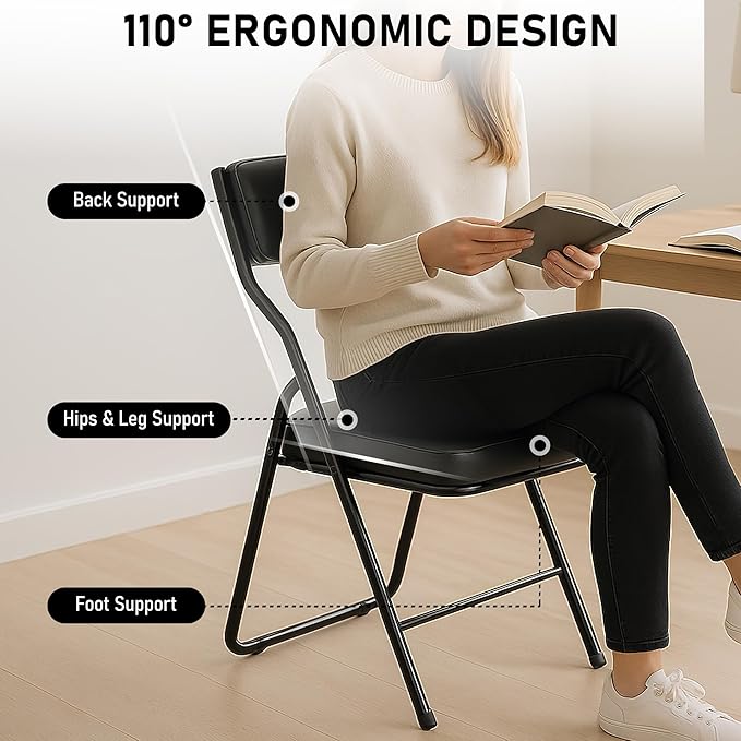 6 Pack Padded Folding Chairs with Cushion, Foldable Dining Chair Set Portable Indoor Outdoor Stackable Folding Chairs with Steel Frame for Home Office Events Wedding Party Black