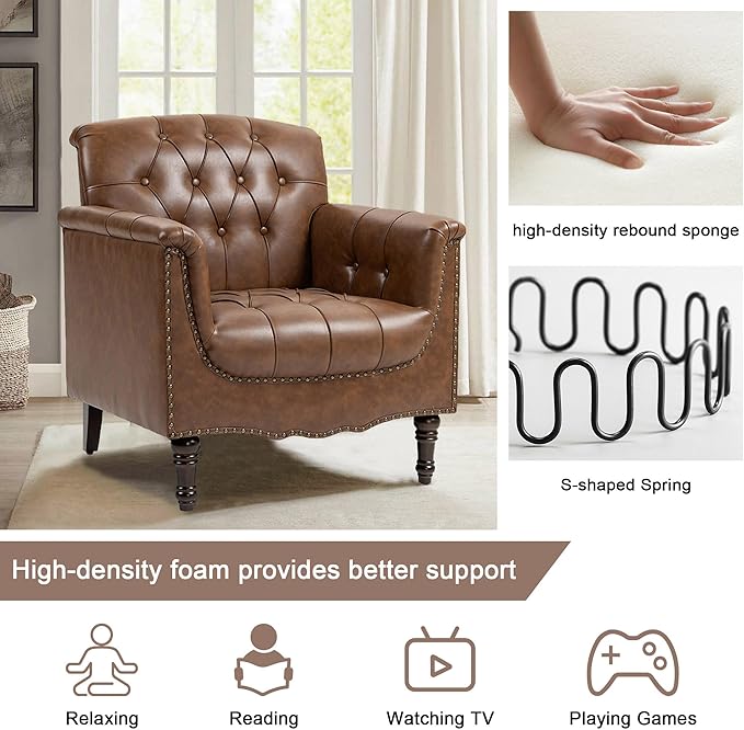 Faux Leather Accent Chairs Set of 4, Upholstered Armchairs with Nailhead Trims & Wood Legs for Living Room, Bedroom, Contemporary Comfy Club Chairs for Office-Brown