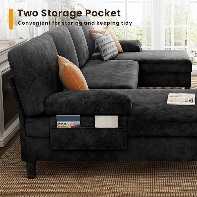 KKL Sectional Sofa Couch for Living Room, U Shaped Couch with Storage, Home Sofas with Chaise, Modern Comfy Couches for Apartment, Living Room Furniture, Chenille (Black, U Shape)