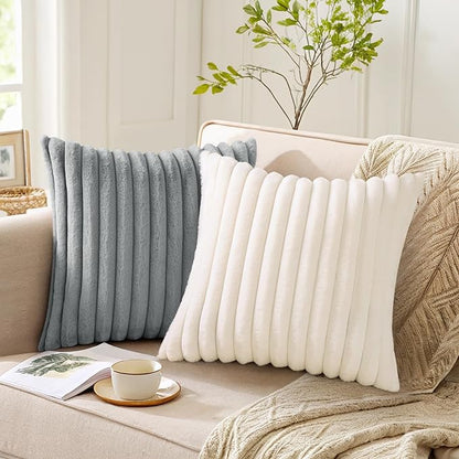 Pallene Faux Fur Plush Throw Pillow Covers 18x18 Set of 2, Luxury Soft Fluffy Striped Decorative Pillow Covers for Sofa, Couch, Living Room, Grey