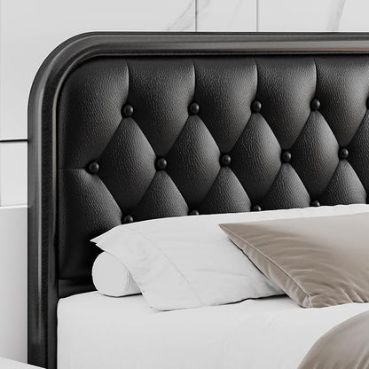 Einhomn® Queen Size Metal Bed Frame with Button Tufted Leather Upholstered Headboard and Footboard, U-Shape Support Foundation, No Box Spring Required, Black