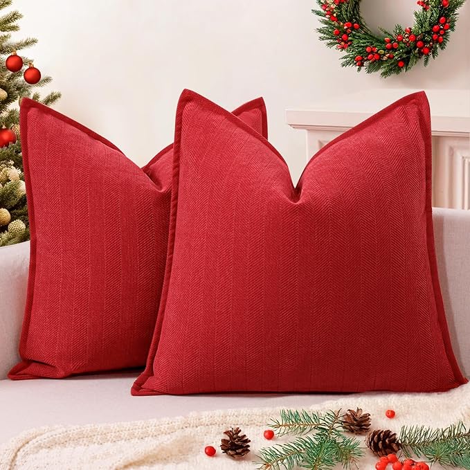 ZWJD Christmas Pillow Covers 22x22 Set of 2 Chenille Throw Red Cushion Covers with Elegant Design Soft and Luxurious Decorative Pillows for Couch, Bed, and Christmas Decor