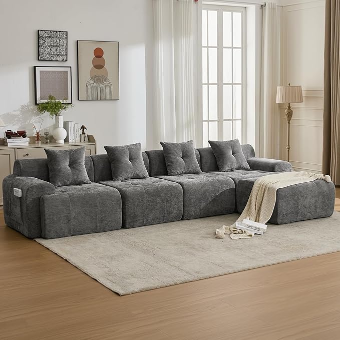 129.23”Modular Sectional Couch for Living Room, Modren L-Shape Cloud Sectional 4-Seater Sofa with Movable Ottoman, Woven Texture Upholstery Boneless Couch, No Assembly, Grey