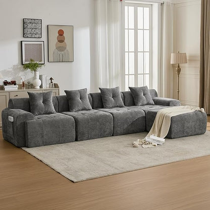 129.23”Modular Sectional Couch for Living Room, Modren L-Shape Cloud Sectional 4-Seater Sofa with Movable Ottoman, Woven Texture Upholstery Boneless Couch, No Assembly, Grey