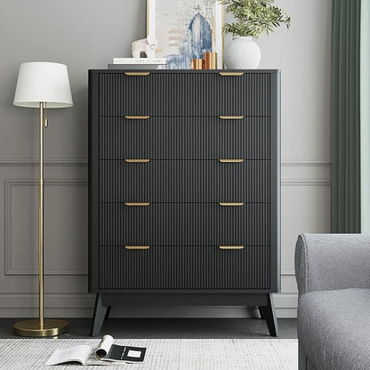 SUNWAVE Fluted 5 Drawer Dresser for Bedroom, 43.3" Tall Dressers with Round Corner, Mid-Century Modern Wood Chest for Living Room, Entry