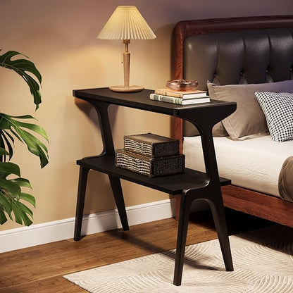 Tribesigns Set of 2 Wood End Table, Modern Narrow Sofa Side Table with Storage, 2-Tier Slim Wooden Bedside Table with Unique Legs for Bedroom, Living Room, Small Spaces, Easy Assembly, Black