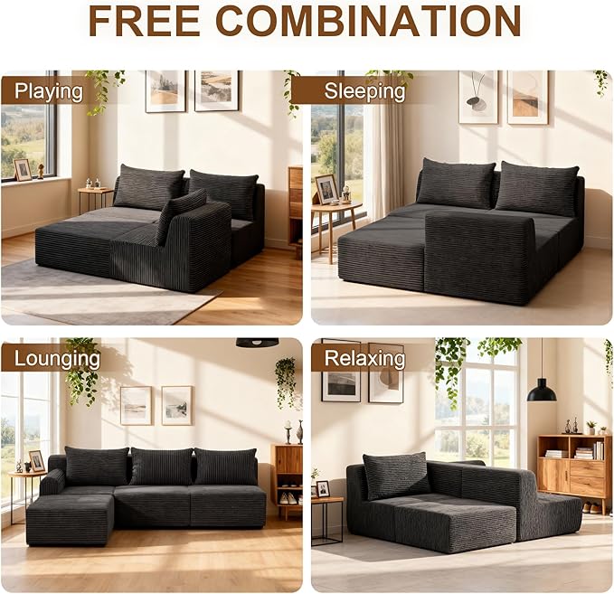 JSLOVE Modular L-Shape Sectional Sofa with Chaise, 3 Seat Movable Boneless Cloud Couch in One Box, Sofa Couch Bed with Ultra-Soft Corduroy Fabric, No Assembly Required for Living Room, Bedroom(Black)