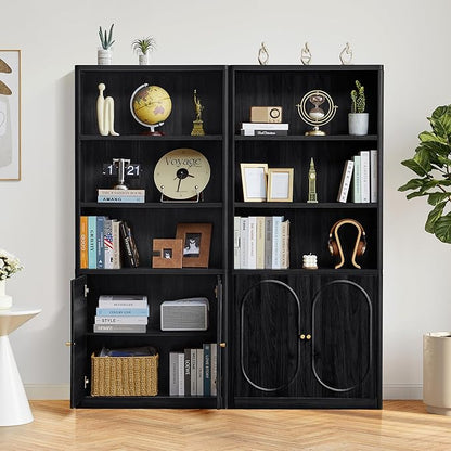 70.8" Tall Fluted Bookshelf with Storage Cabinet Set of 2, Modern 5-Tier Wood Bookcase with Open Display Storage Shelf, Gold Handles for Office Living Room (Black)