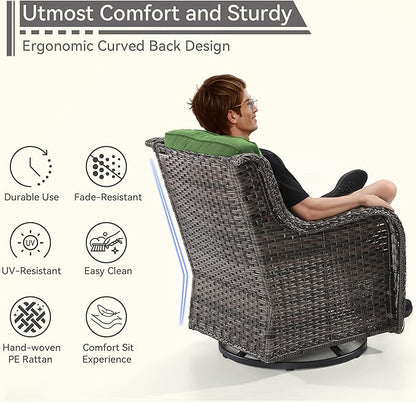 3 Pieces Outdoor Furniture Set - Patio Wicker Swivel Rocker Chair Set of 2 and 1 Side Table, Green, Mixed Brown Rattan, Suitable for Porch, Yard
