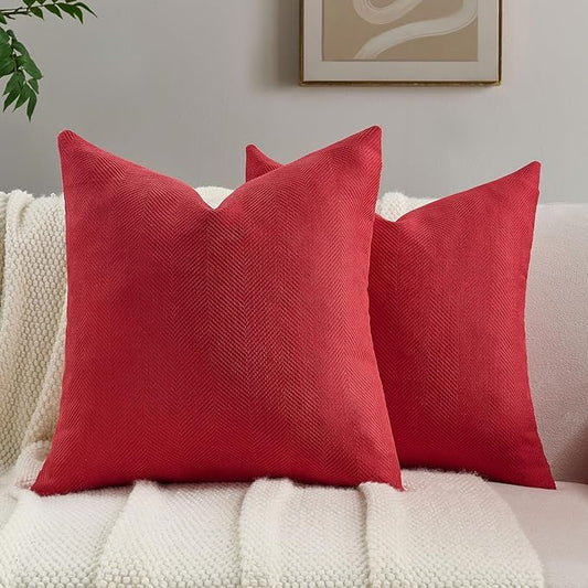 FUTEI Christmas Red Chenille Throw Pillow Covers 16x16 Inch Set of 2,Soft Wide Chevron Textured Cushion Case,Farmhouse Home Decor for Couch Bed Living Room