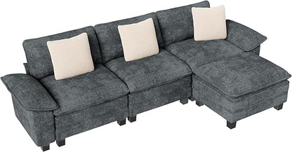 123-Inch L Shaped Sectional Sofa with Cloud Cushions, Deep Seat Modular Couch Set w/ 4 Seats & 1 Ottomans, Removable Arms, Plush Chenille Upholstery for Living Room, Apartment - Cyan