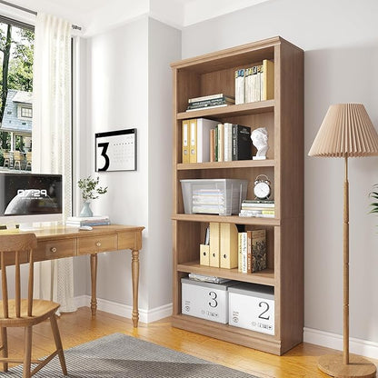70 in Tall Bookcase, White Bookshelf Open Storage 5-Tier Shelves, 33 inch Wide Floor Standing Indoor Furniture, Book Cases for Home School Library Office Bedroom Kids, Oak 5 Tiers